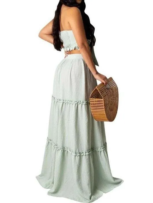 Bandeau Frill Hem Tie Front Top & Maxi Skirt Set