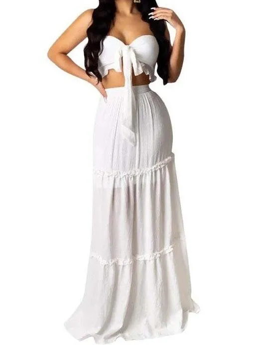 Bandeau Frill Hem Tie Front Top & Maxi Skirt Set