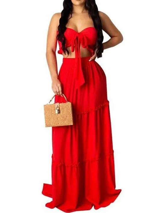 Bandeau Frill Hem Tie Front Top & Maxi Skirt Set