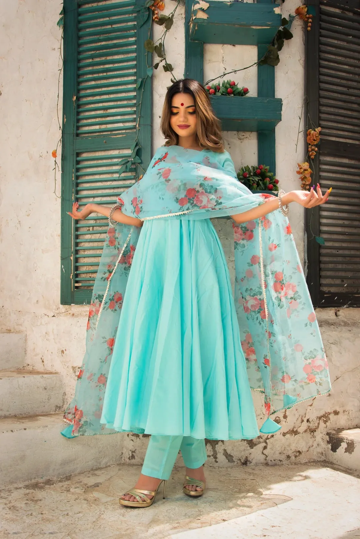 BLUE BERRY PURE COTTON ANARKALI SET WITH ORGANZA DUPATTA