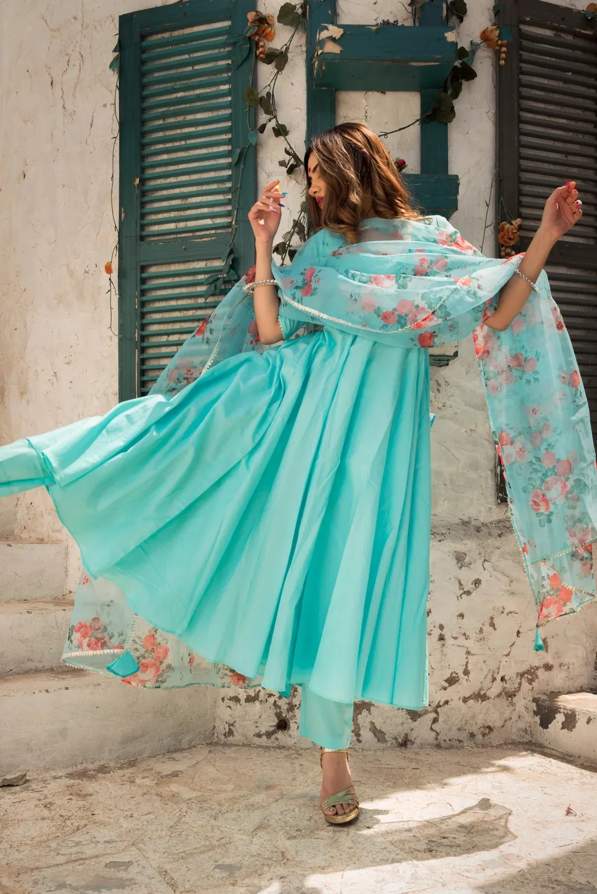 BLUE BERRY PURE COTTON ANARKALI SET WITH ORGANZA DUPATTA
