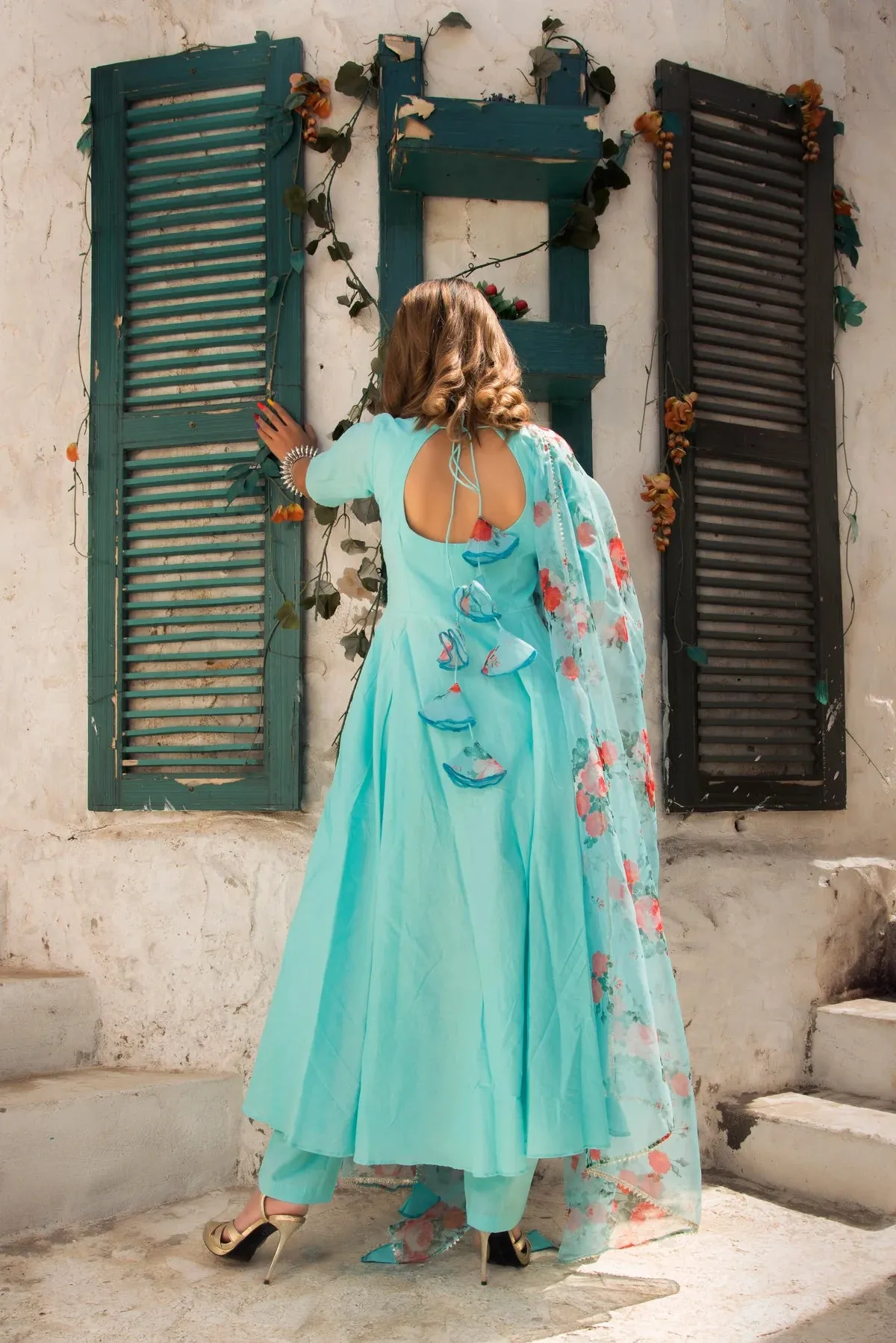 BLUE BERRY PURE COTTON ANARKALI SET WITH ORGANZA DUPATTA
