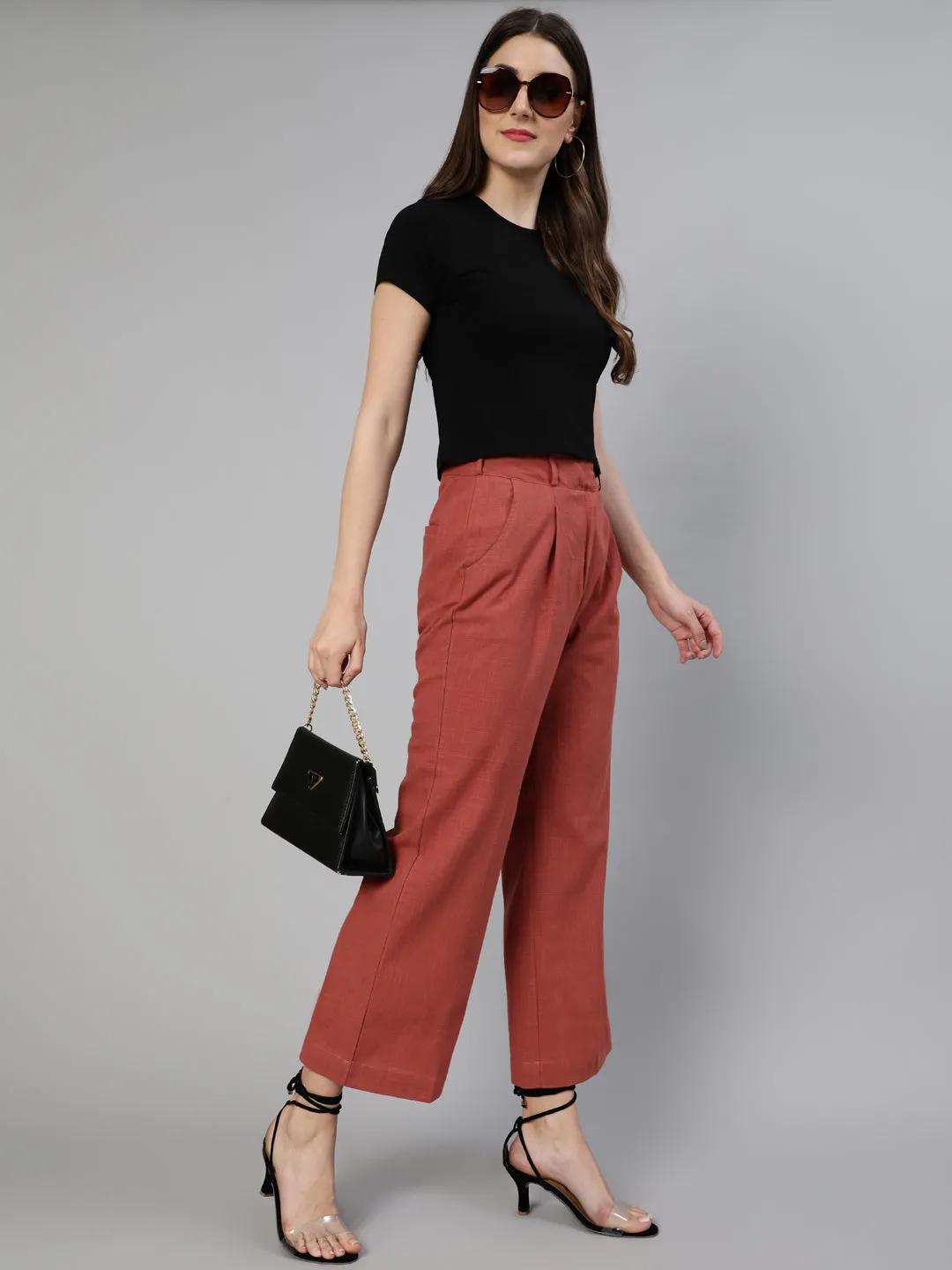 Brick Red Cotton Slub Flared High Rise Parallel Pants