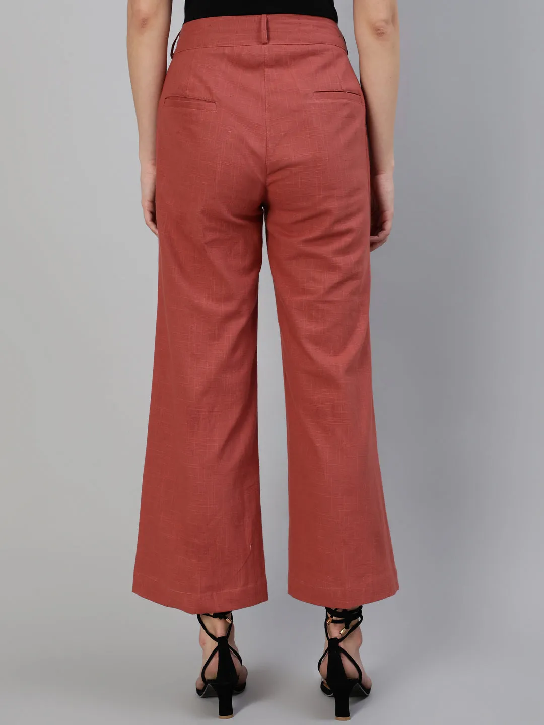 Brick Red Cotton Slub Flared High Rise Parallel Pants