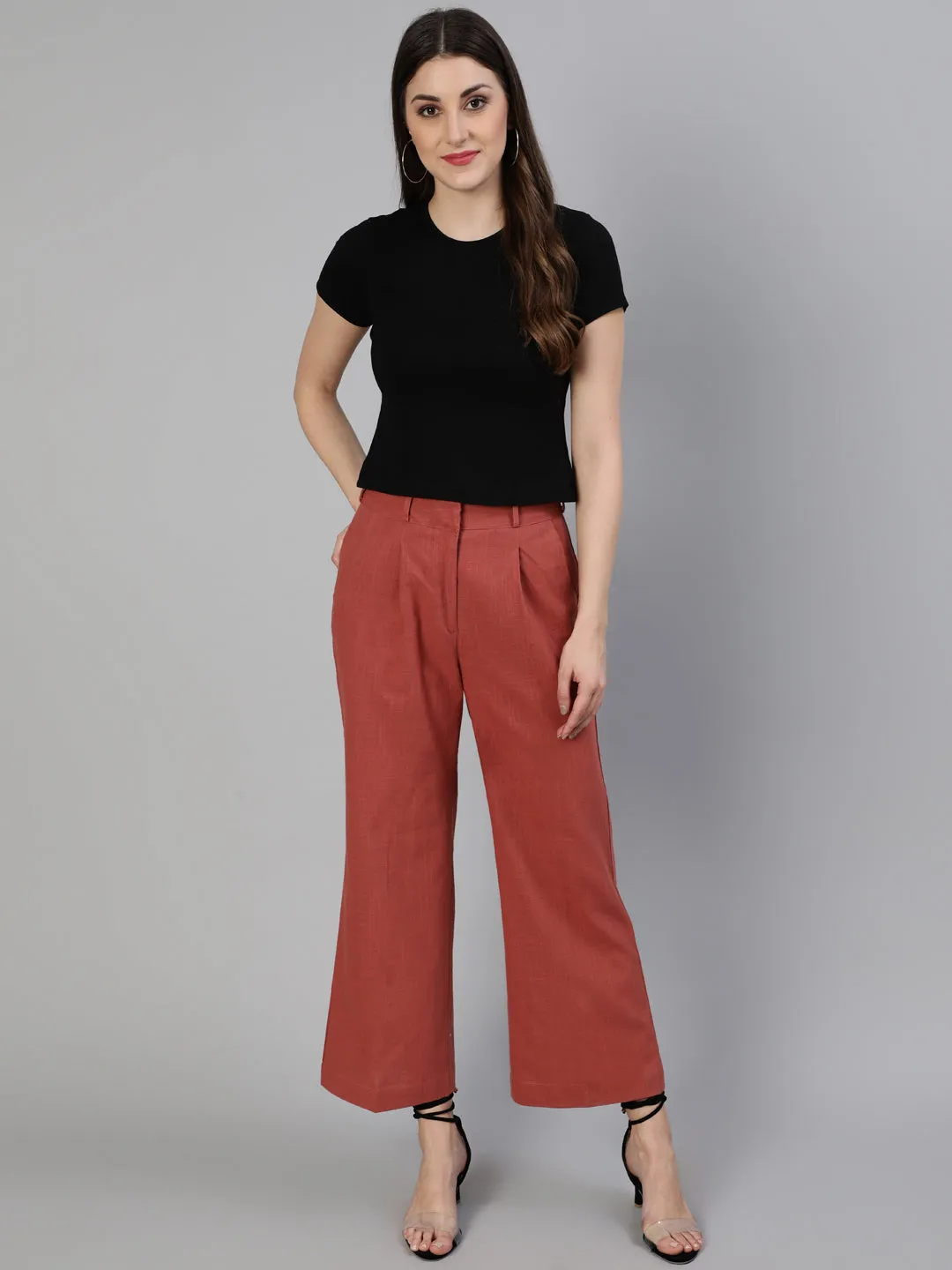 Brick Red Cotton Slub Flared High Rise Parallel Pants