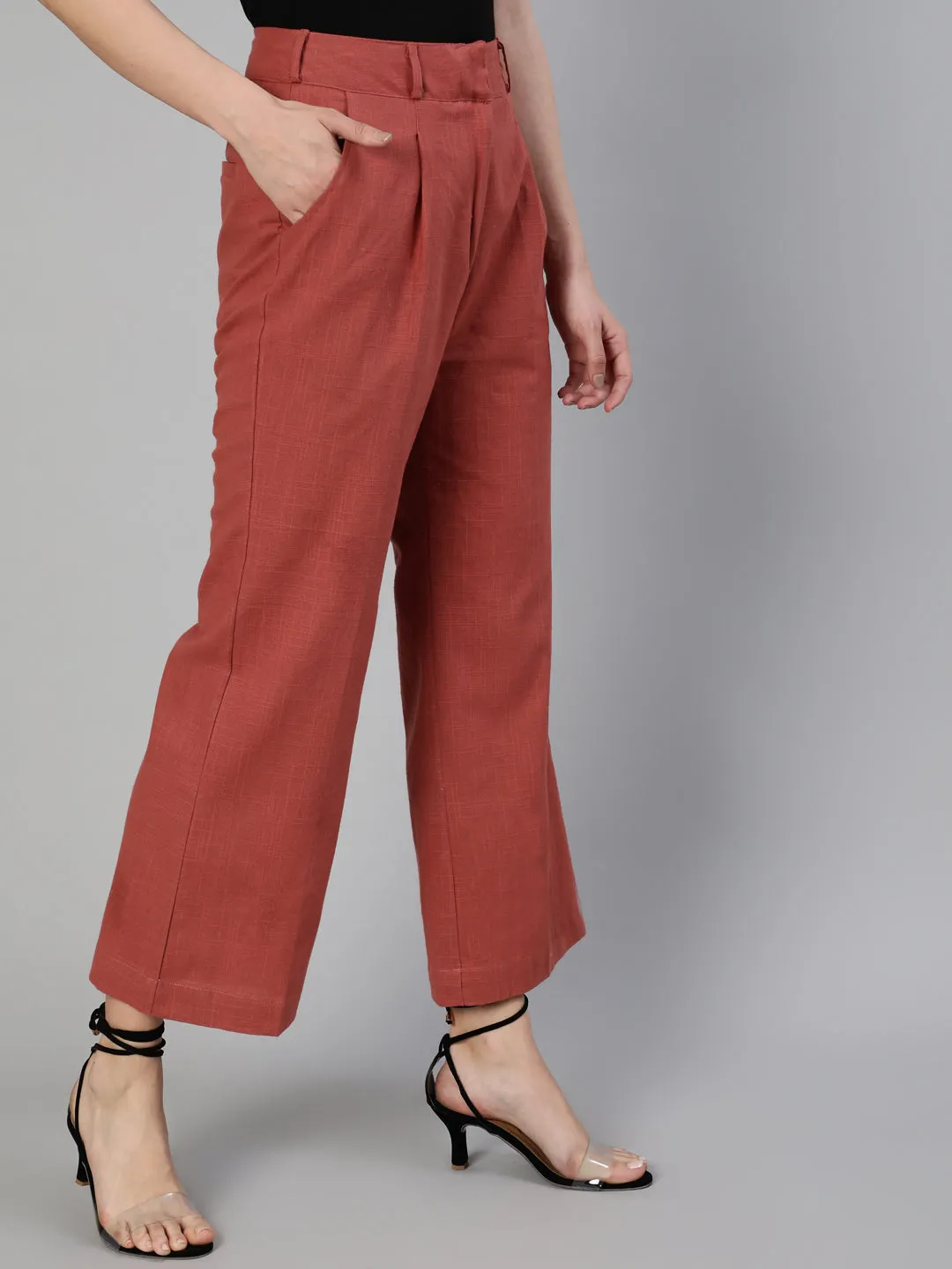 Brick Red Cotton Slub Flared High Rise Parallel Pants