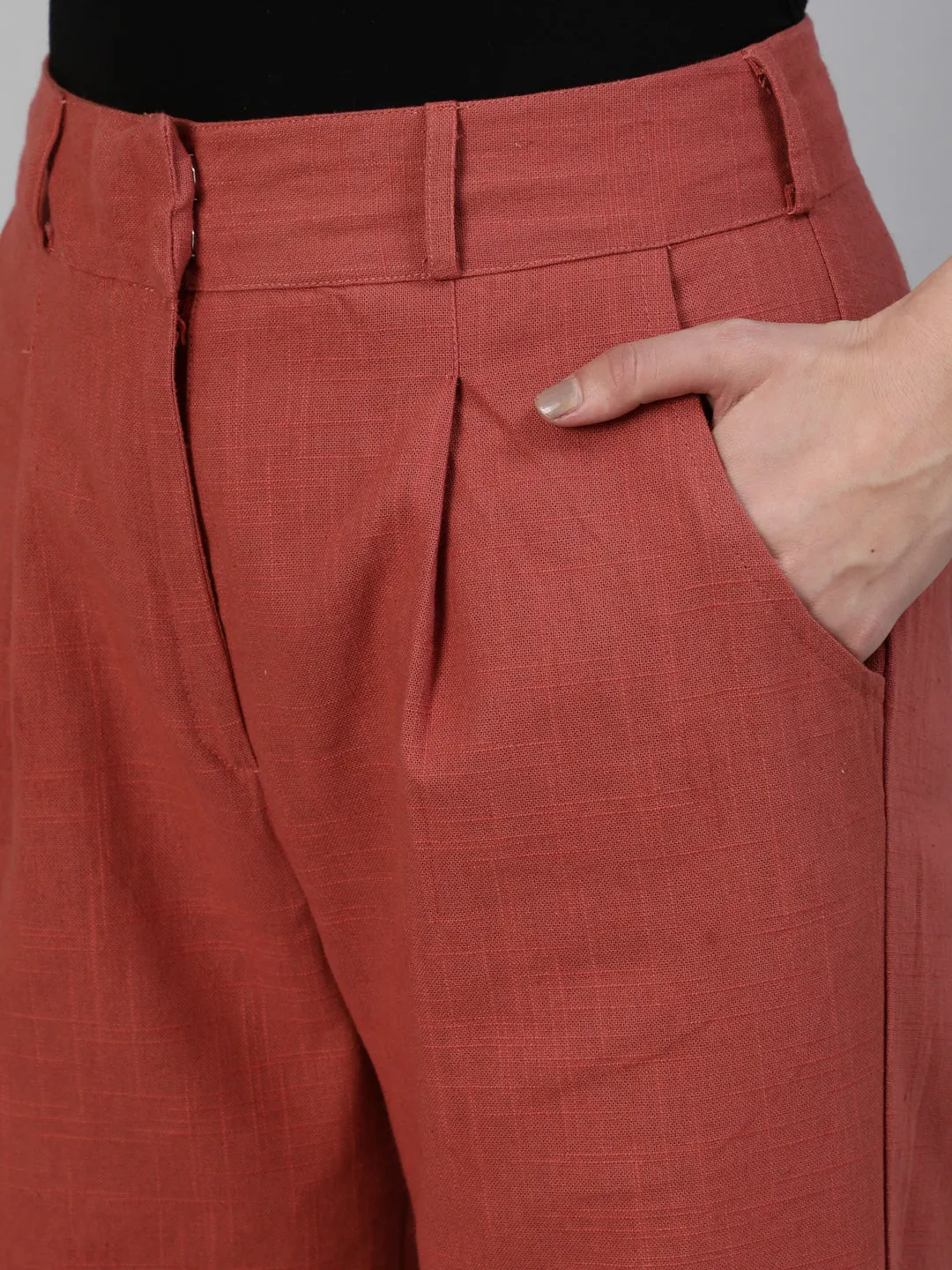 Brick Red Cotton Slub Flared High Rise Parallel Pants