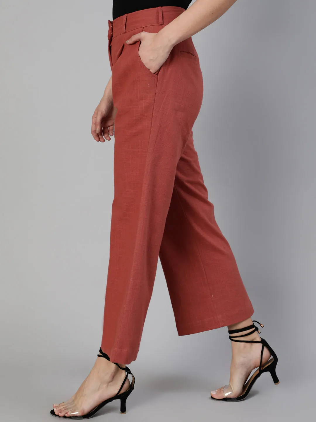 Brick Red Cotton Slub Flared High Rise Parallel Pants