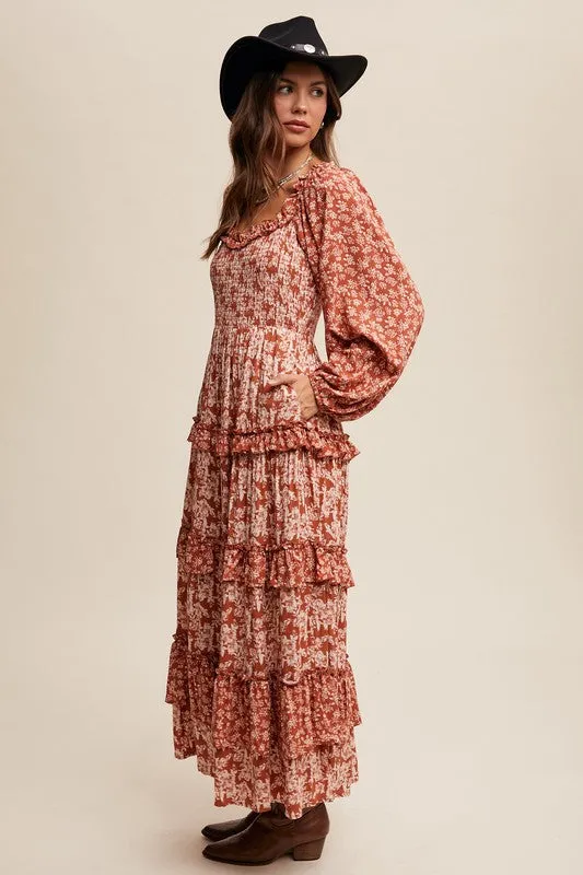 Christie Contrast Floral Print Ruffle Tiered Maxi Dress