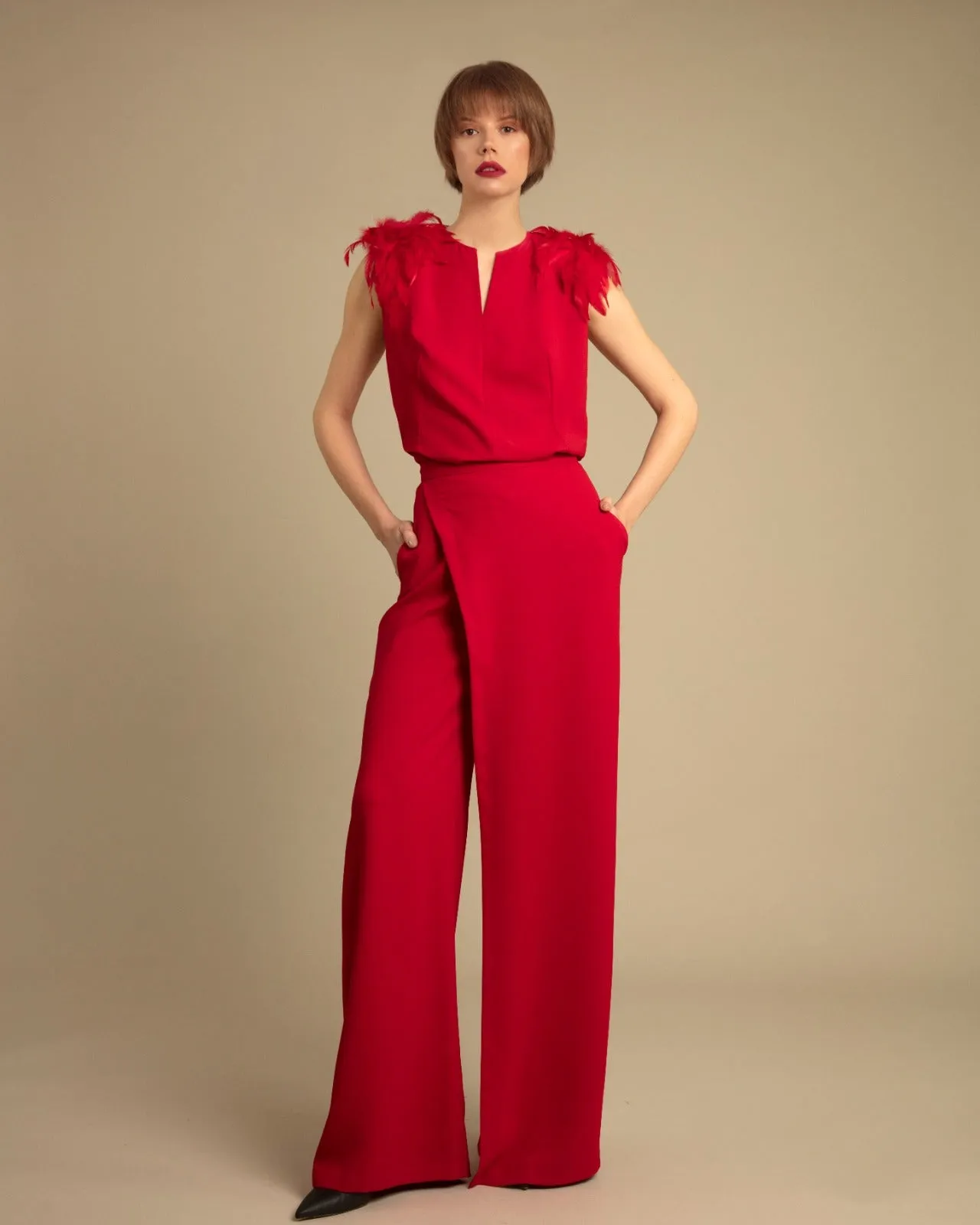 Crepe Top with Overlapped Pants