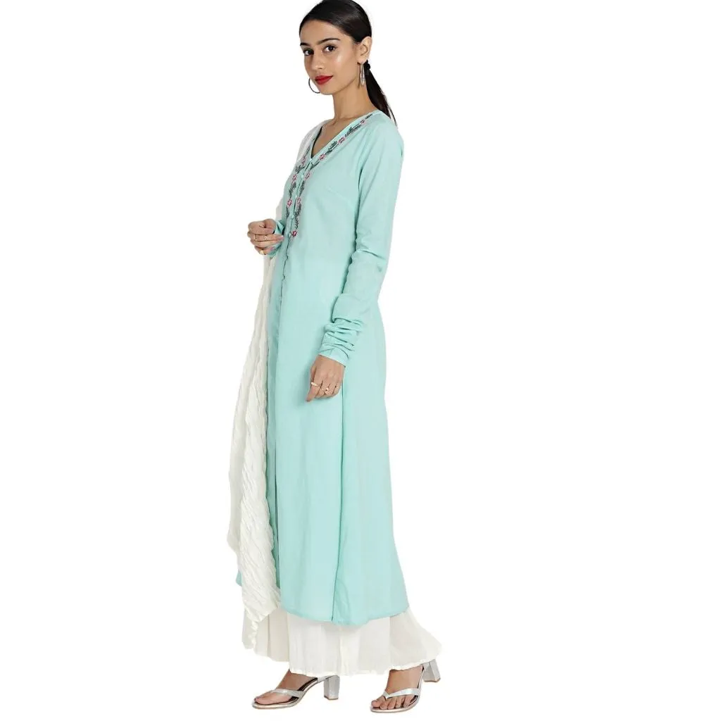 Embroidered A-Line Kurti, Dupatta With Skirt For Women