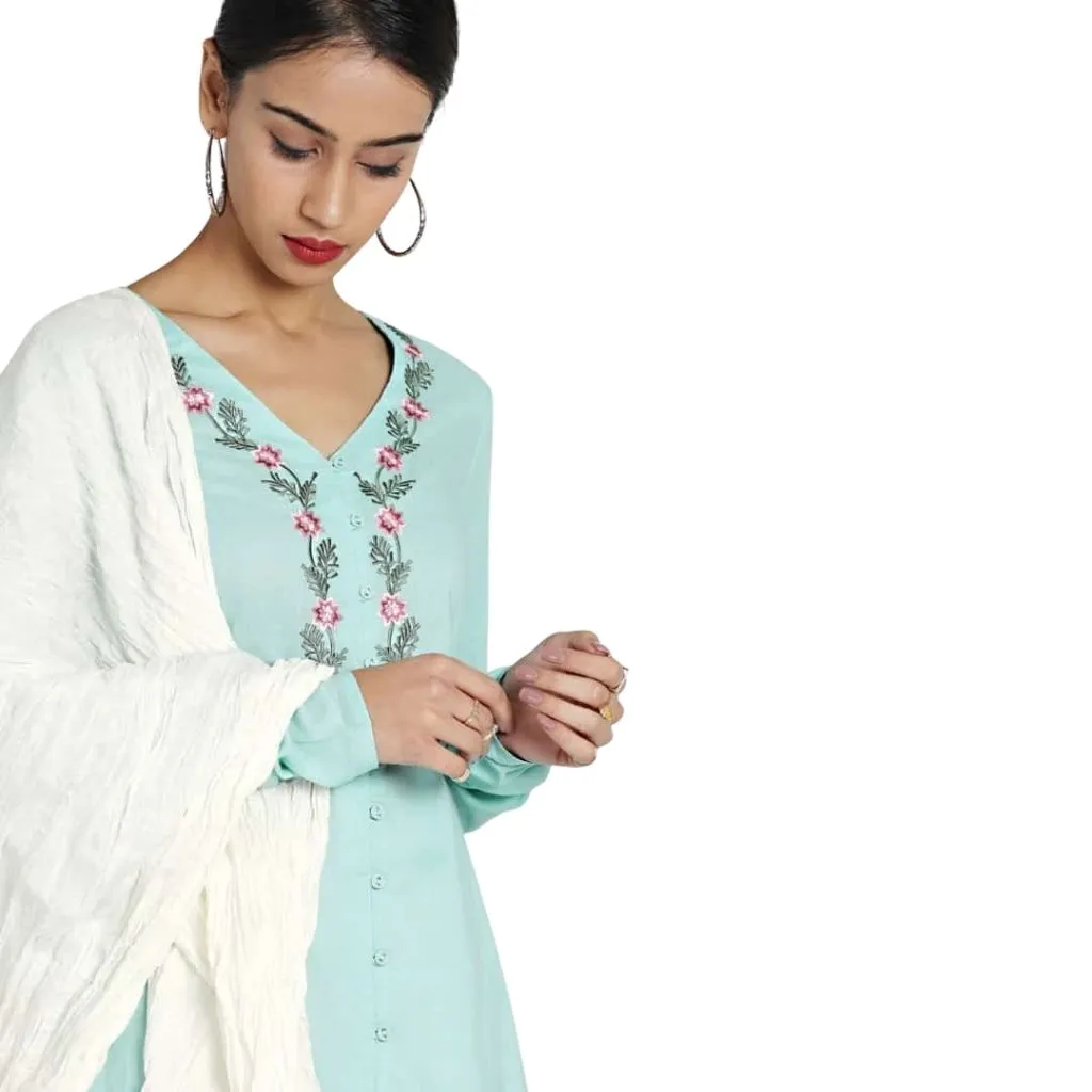 Embroidered A-Line Kurti, Dupatta With Skirt For Women