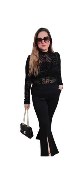 Flared pant with wave pattern side work - Black