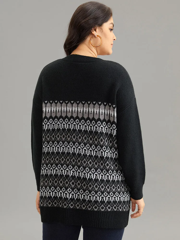 Loose V Neck Geometric Print Jacquard Pullover