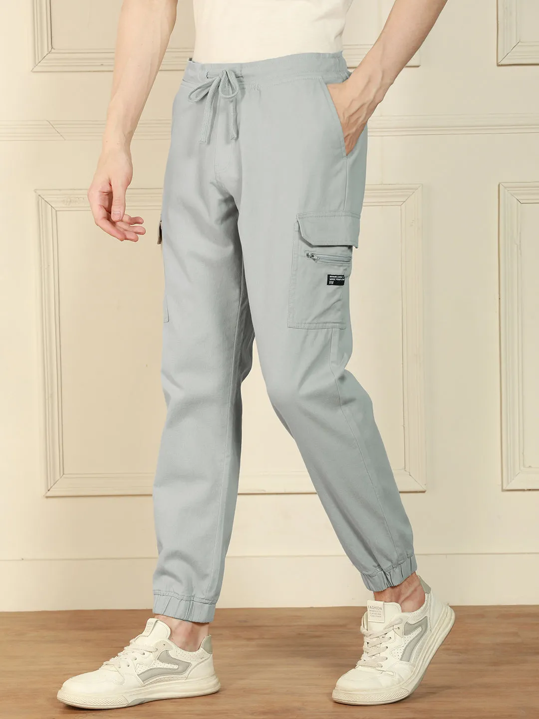 Men's Light Grey Regular Fit Solid Cotton Lycra Stretchable Cargo Joggers