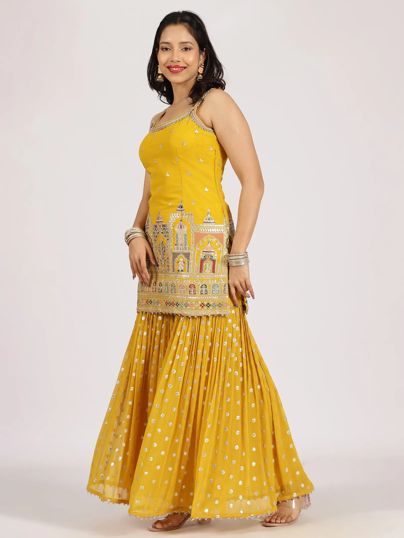 Mustard Yellow Mirror-Embroidered Sharara Set