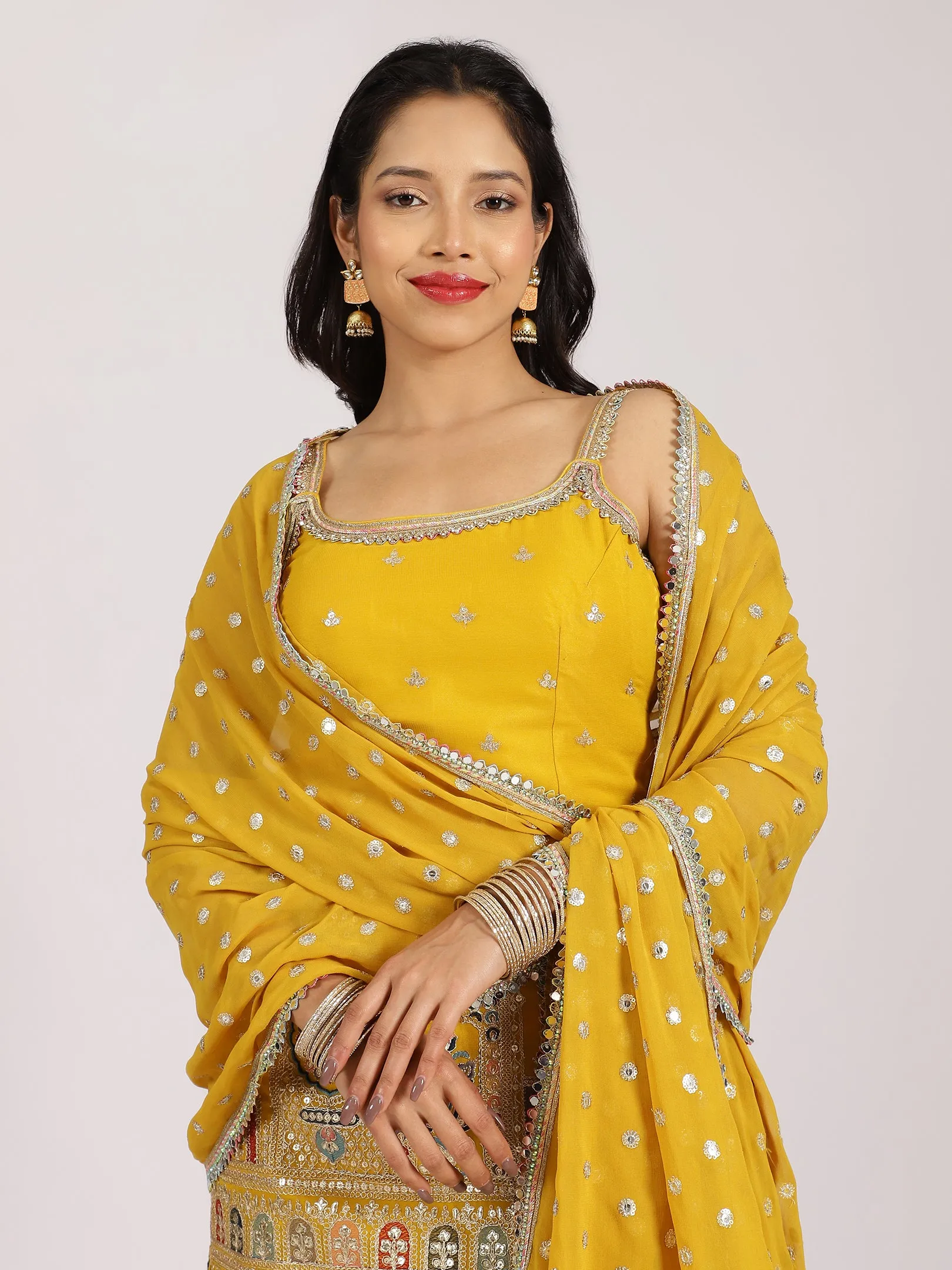 Mustard Yellow Mirror-Embroidered Sharara Set
