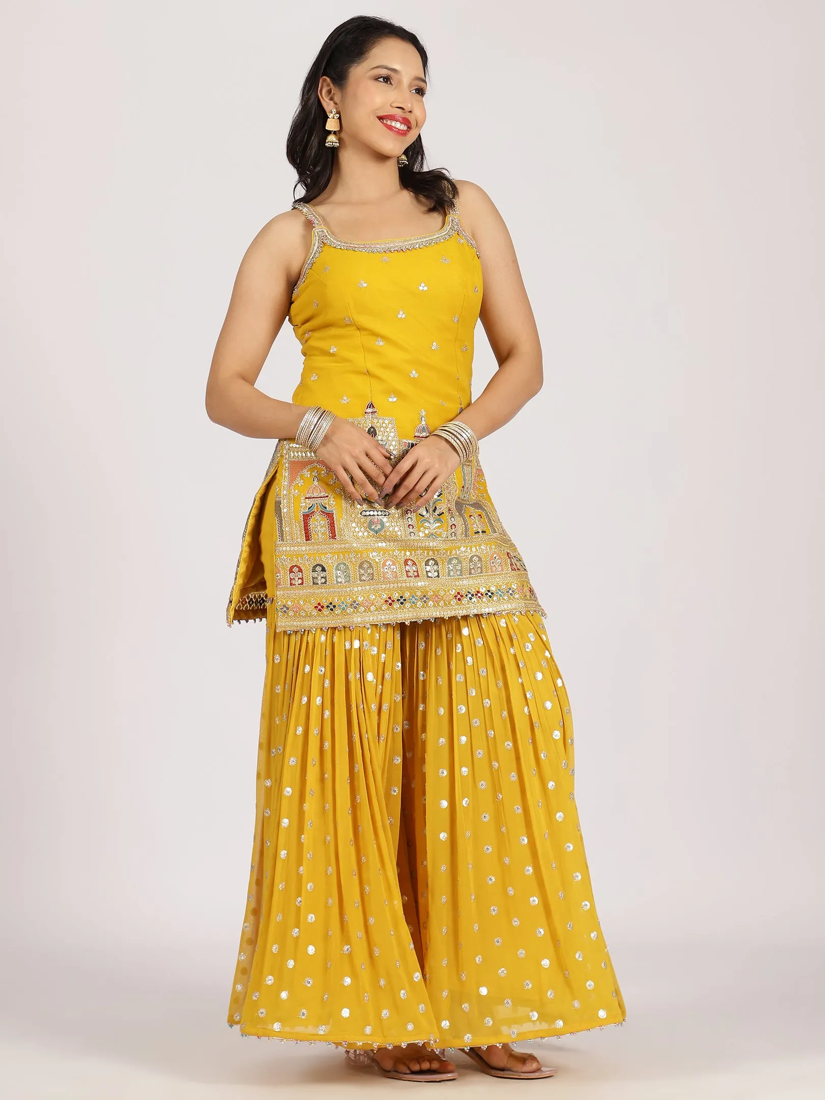 Mustard Yellow Mirror-Embroidered Sharara Set
