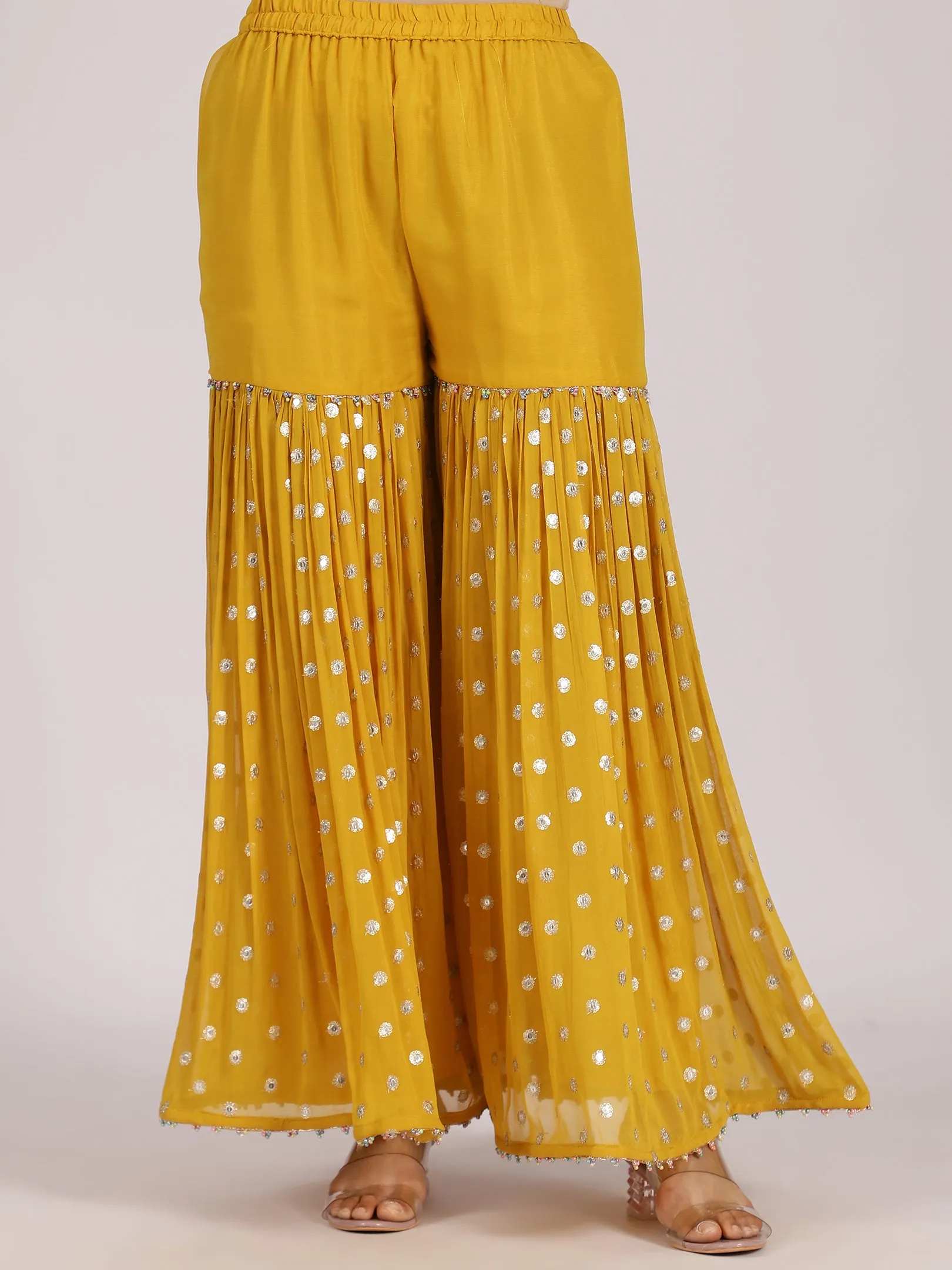 Mustard Yellow Mirror-Embroidered Sharara Set
