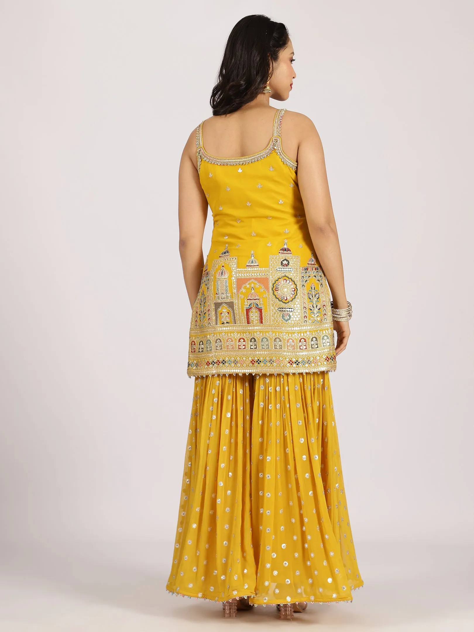 Mustard Yellow Mirror-Embroidered Sharara Set