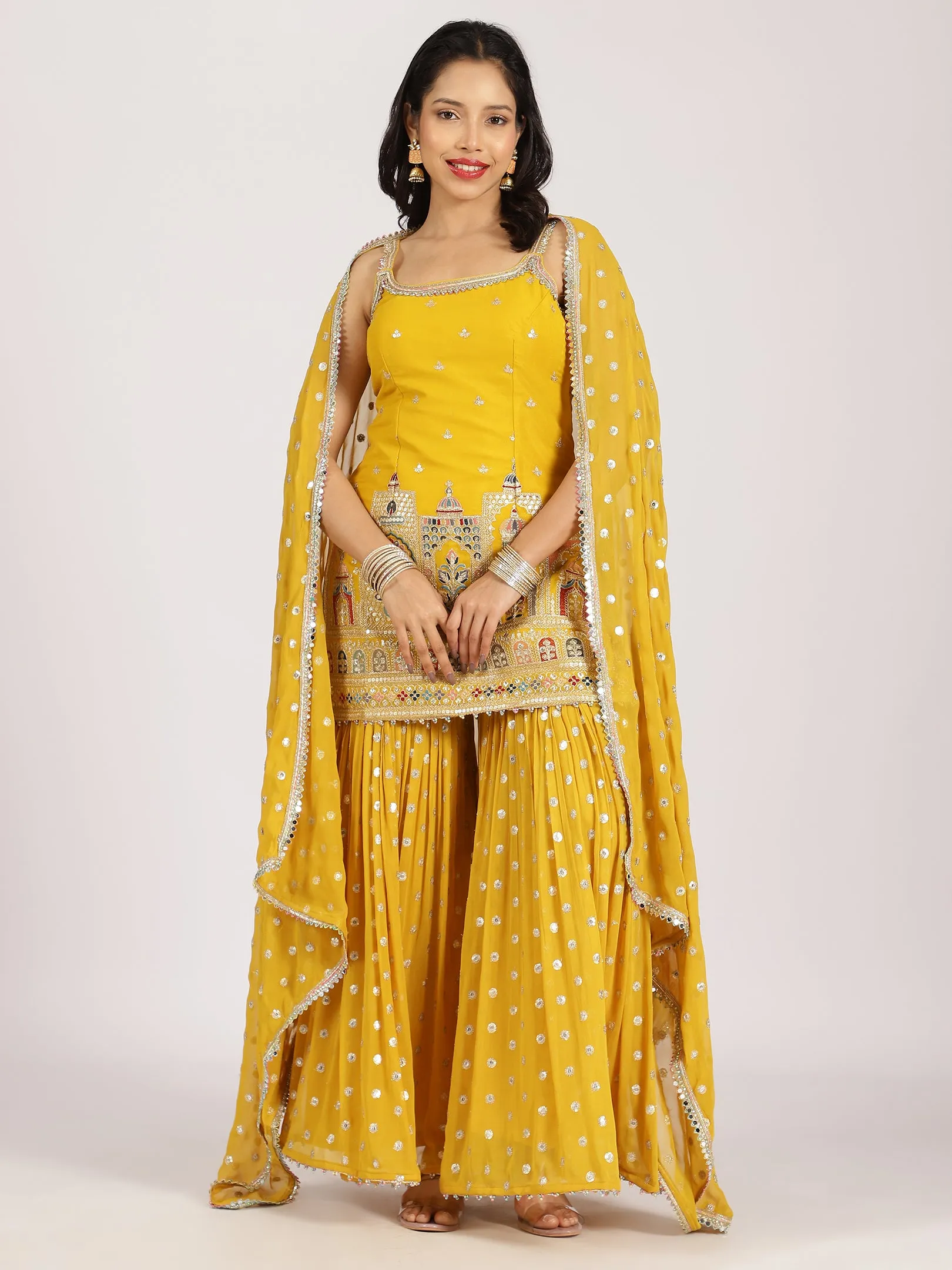Mustard Yellow Mirror-Embroidered Sharara Set
