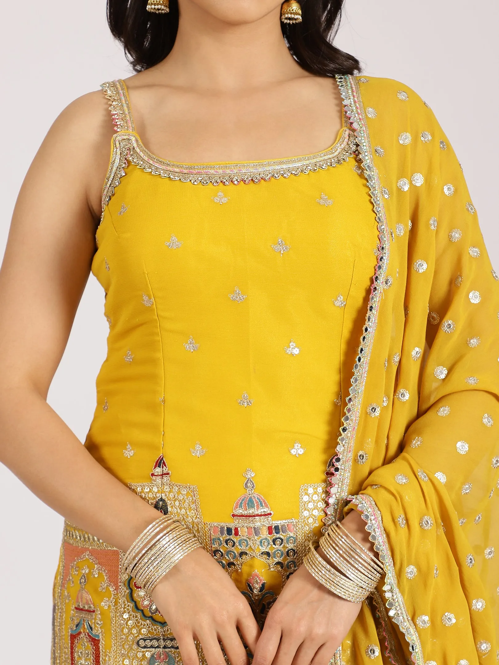 Mustard Yellow Mirror-Embroidered Sharara Set