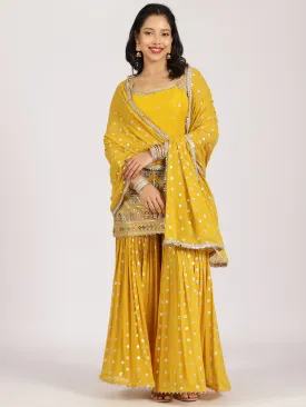 Mustard Yellow Mirror-Embroidered Sharara Set
