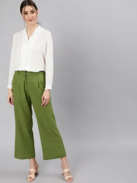 Olive Green Cotton Slub Flared High Rise Parallel Pants