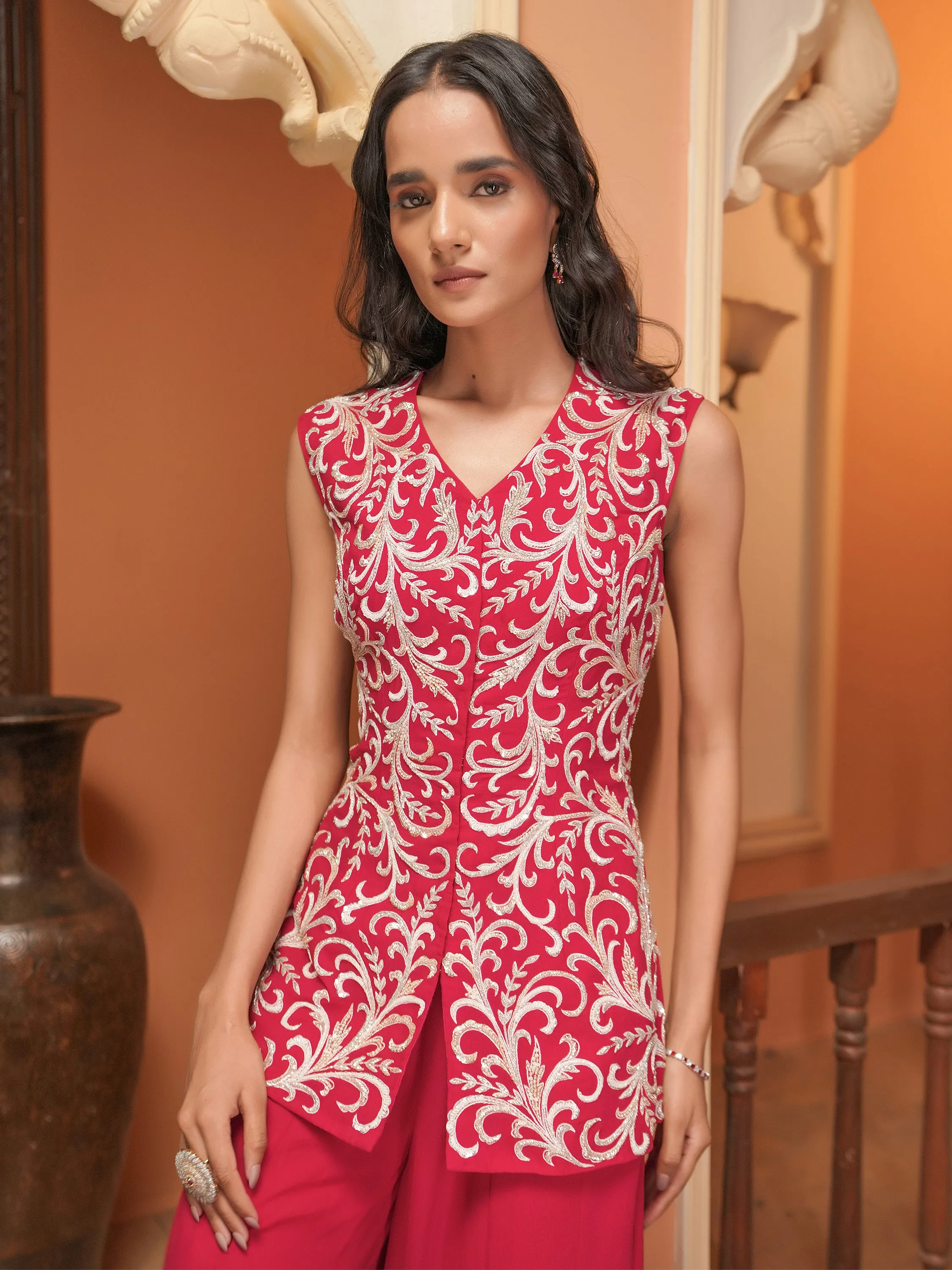 Red Embroidered Sharara Set