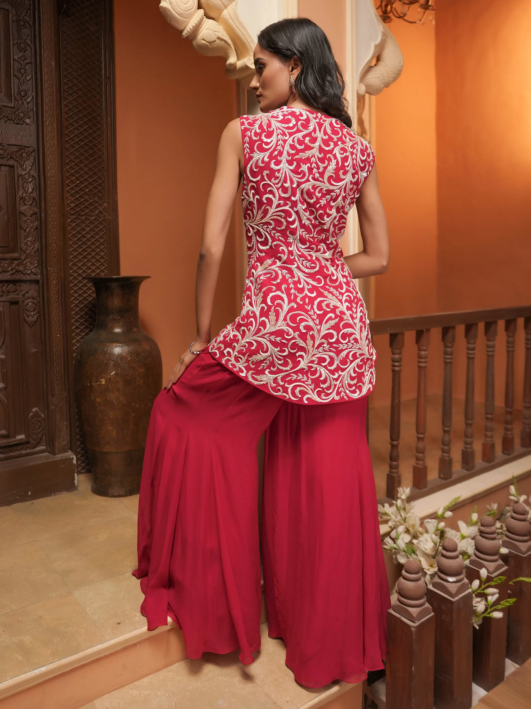 Red Embroidered Sharara Set