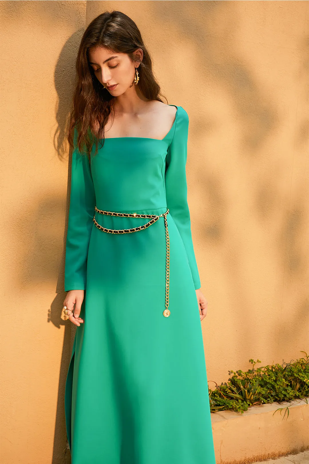 Square neck dress | Cyan green dress | Holiday dress