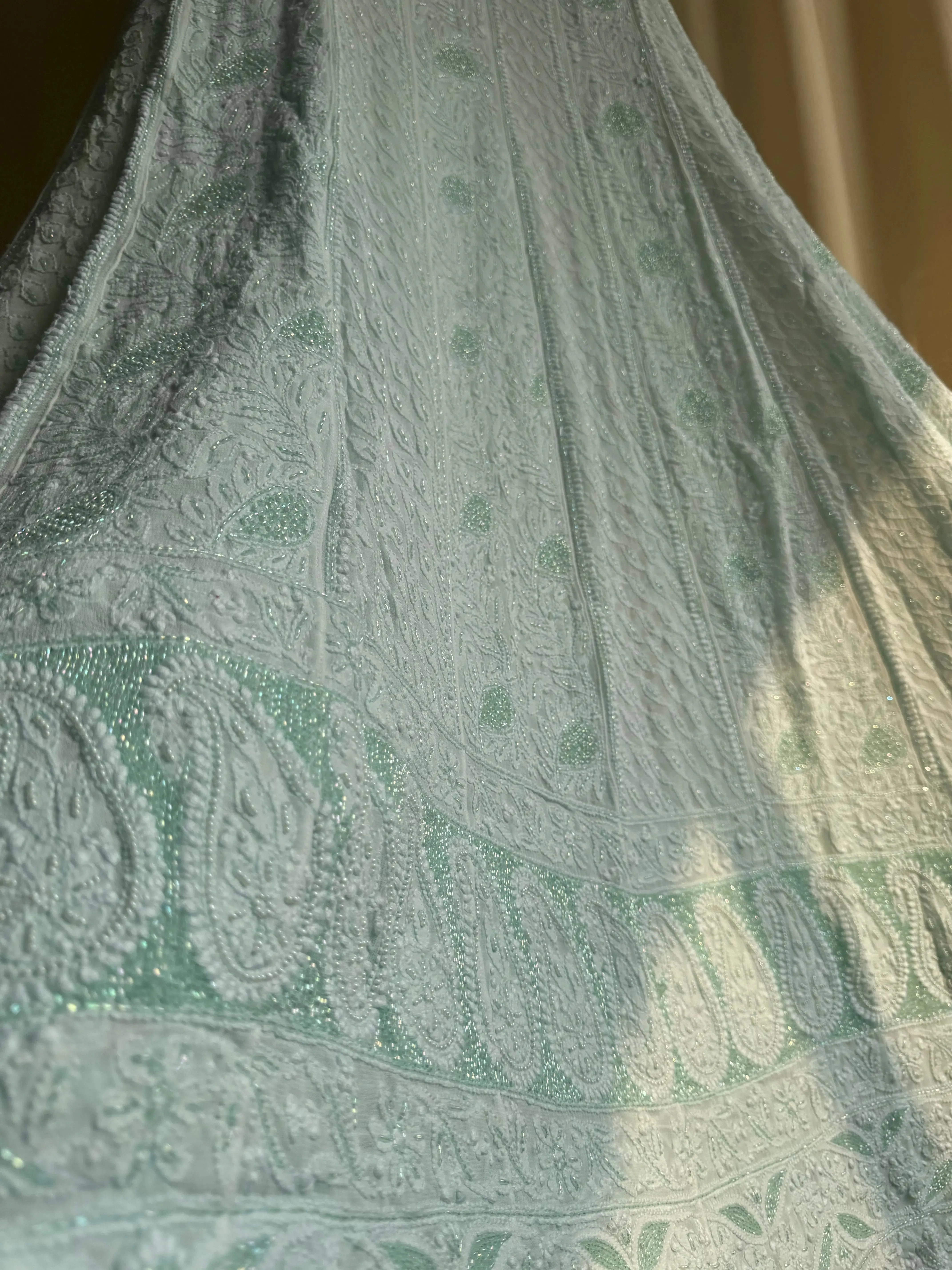 Viscose Anarkali - Semi Stitched - Pearl Work - Cyan Green
